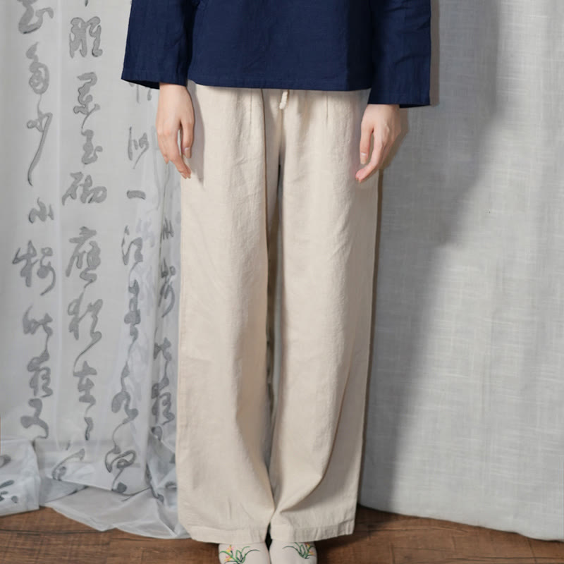 Pantalon large Buddha Stones uni ample à jambe droite en coton ramie pour femme avec poches