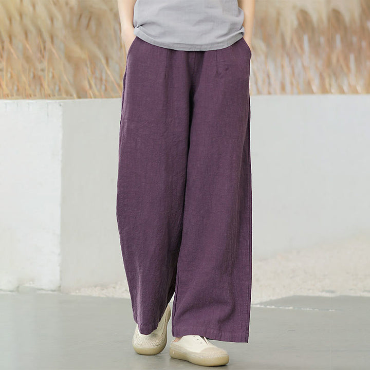 Pantalon large Buddha Stones uni ample à jambe droite en coton ramie pour femme avec poches