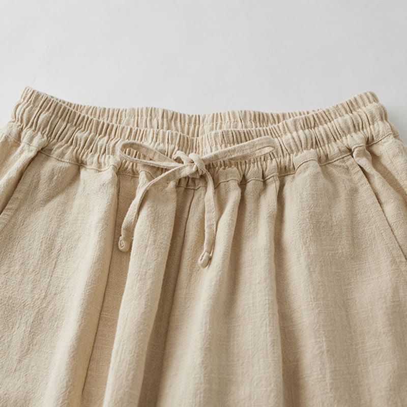 Pantalon large Buddha Stones uni ample à jambe droite en coton ramie pour femme avec poches