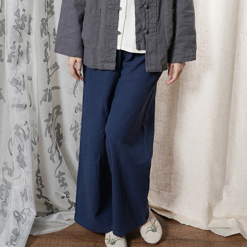 Pantalon large Buddha Stones uni ample à jambe droite en coton ramie pour femme avec poches - Bleu nuit - US6，UK/AU10，EU38 (L) - image 17