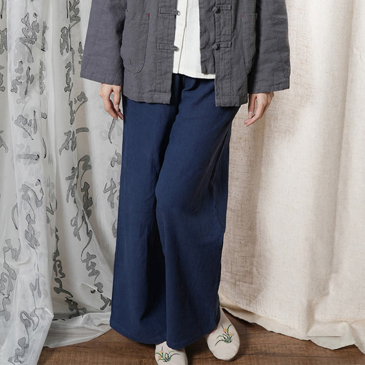 Pantalon large Buddha Stones uni ample à jambe droite en coton ramie pour femme avec poches