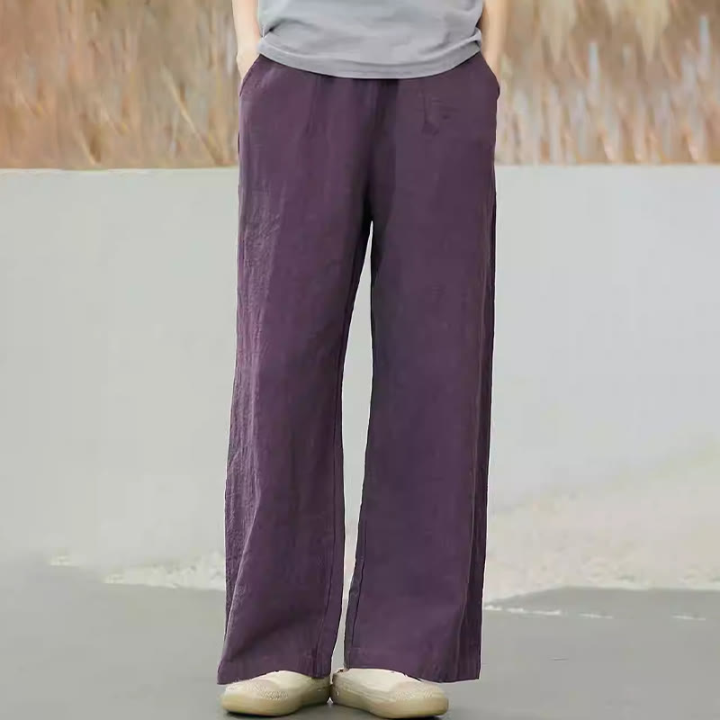 Pantalon large Buddha Stones uni ample à jambe droite en coton ramie pour femme avec poches - image 2