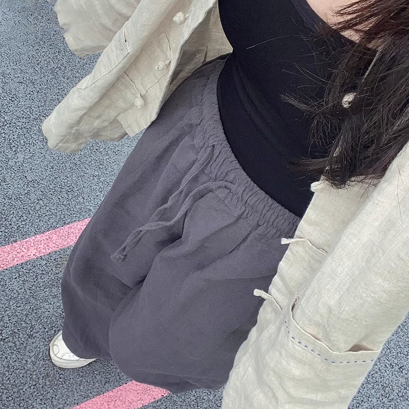 Pantalon large Buddha Stones uni ample à jambe droite en coton ramie pour femme avec poches