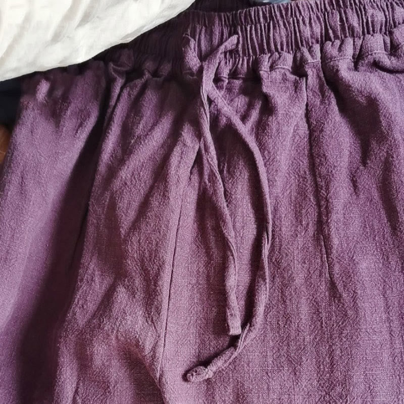 Pantalon large Buddha Stones uni ample à jambe droite en coton ramie pour femme avec poches