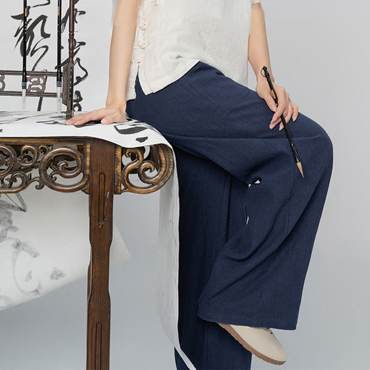 Pantalon large Buddha Stones uni ample à jambe droite en coton ramie pour femme avec poches