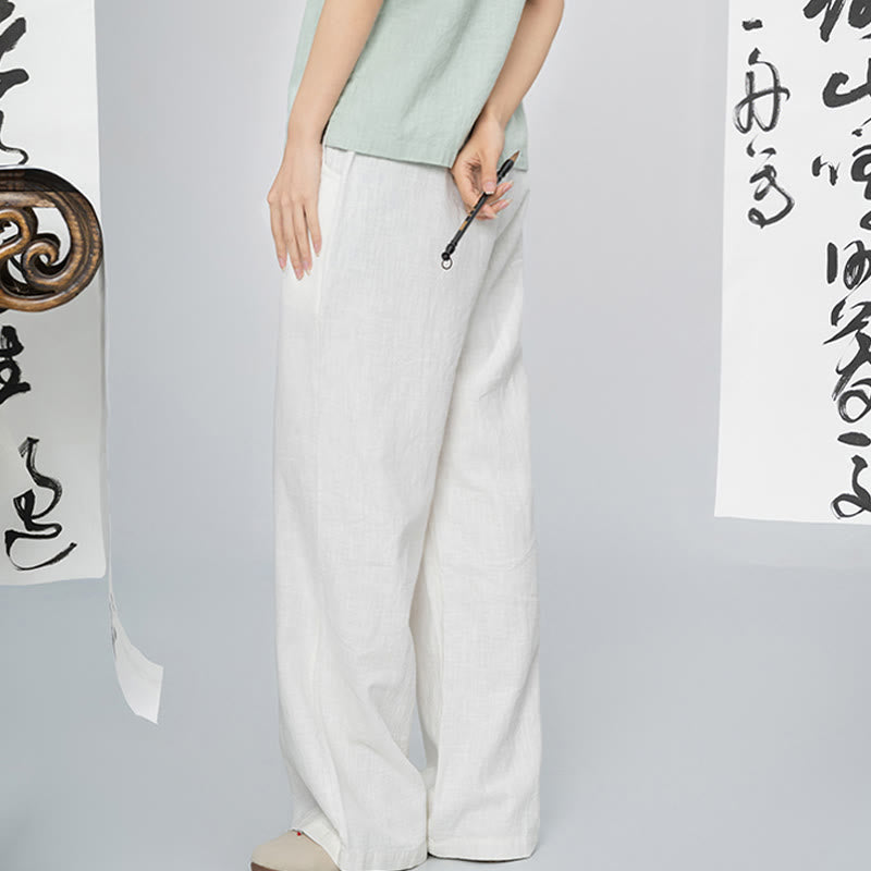 Pantalon large Buddha Stones uni ample à jambe droite en coton ramie pour femme avec poches