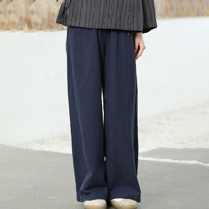 Pantalon large Buddha Stones uni ample à jambe droite en coton ramie pour femme avec poches