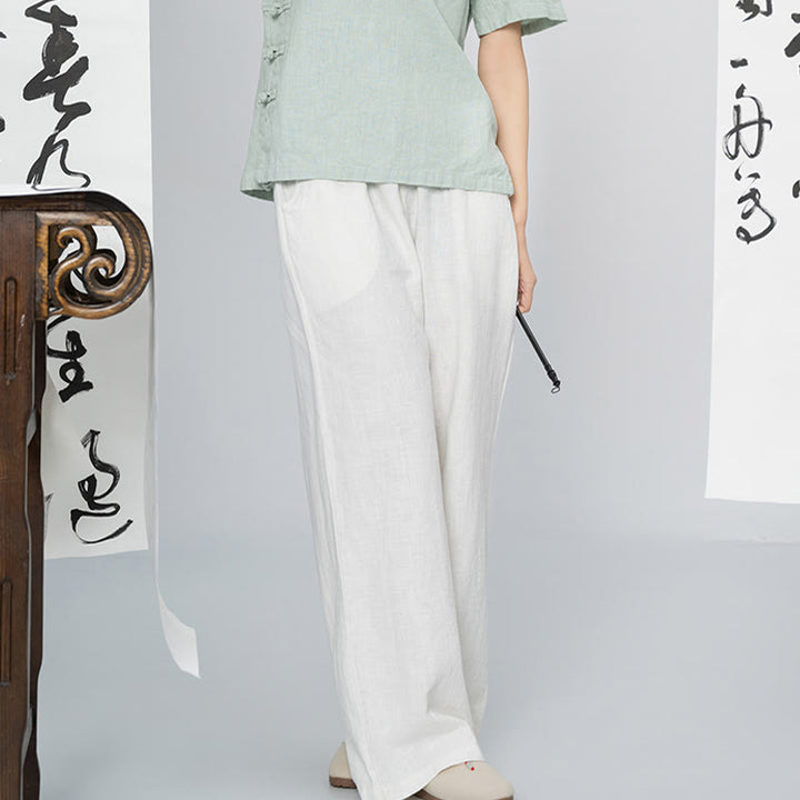 Pantalon large Buddha Stones uni ample à jambe droite en coton ramie pour femme avec poches