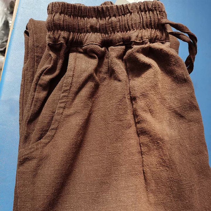 Pantalon large Buddha Stones uni ample à jambe droite en coton ramie pour femme avec poches