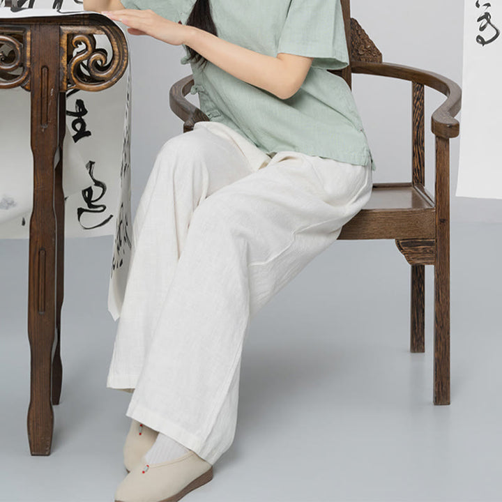 Pantalon large Buddha Stones uni ample à jambe droite en coton ramie pour femme avec poches