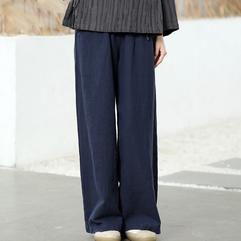 Pantalon large Buddha Stones uni ample à jambe droite en coton ramie pour femme avec poches