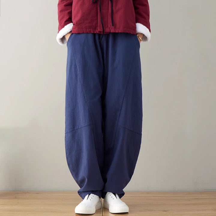 Pantalon décontracté en coton uni ample avec poches pour femme Buddha Stones - Bleu foncé - US8-10，UK/AU12-14，EU40-42 (XL) - image 0