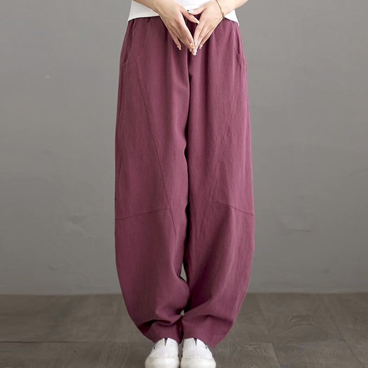 Pantalon décontracté en coton uni ample avec poches pour femme Buddha Stones - Rouge violet moyen - US8-10，UK/AU12-14，EU40-42 (XL) - image 7