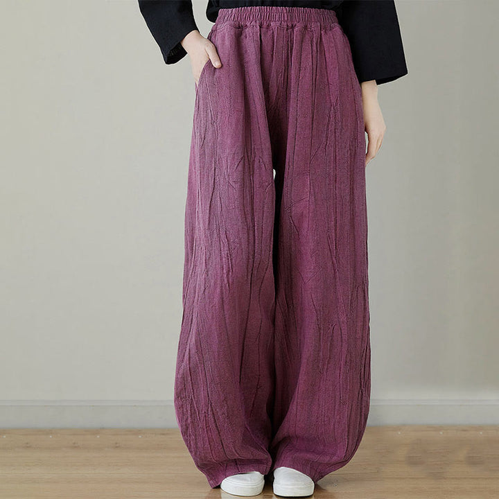 Pantalon décontracté uni ample en ramie avec poches pour femme de Buddha Stones - Rouge violet moyen - US8-10，UK/AU12-14，EU40-42 (XL) - image 0
