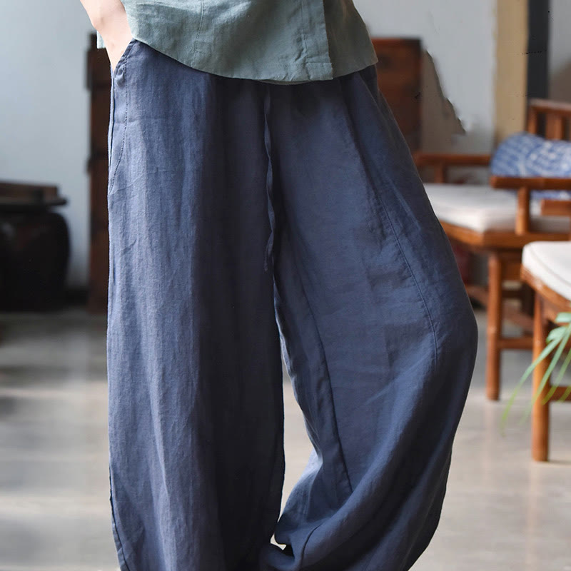 Pantalon décontracté en coton et lin pour femme avec poches et cordon de serrage Buddha Stones