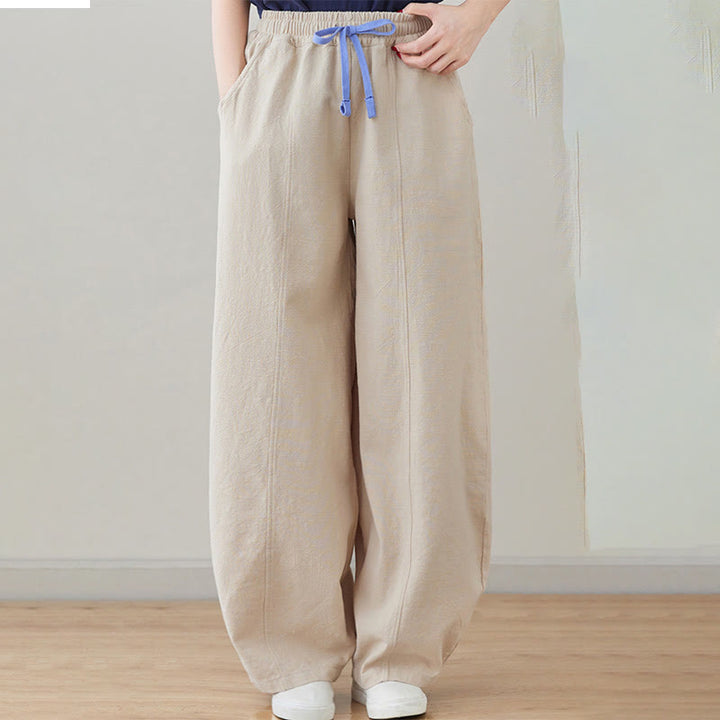 Pantalon décontracté en coton et lin pour femme avec poches et cordon de serrage Buddha Stones