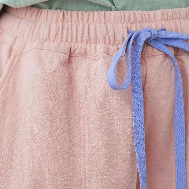 Pantalon décontracté en coton et lin pour femme avec poches et cordon de serrage Buddha Stones