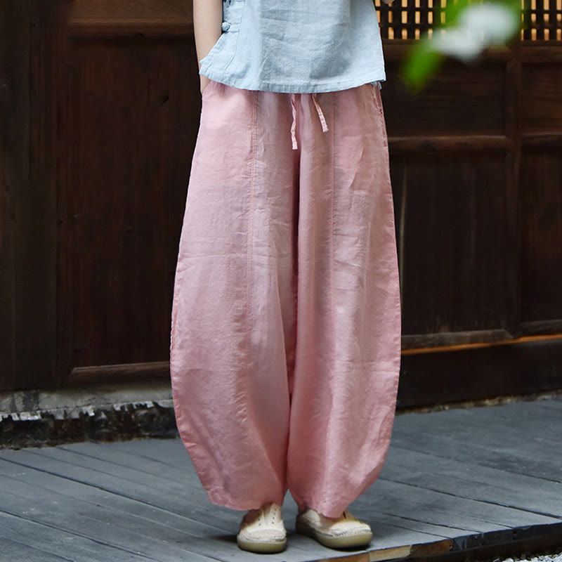 Pantalon décontracté en coton et lin pour femme avec poches et cordon de serrage Buddha Stones