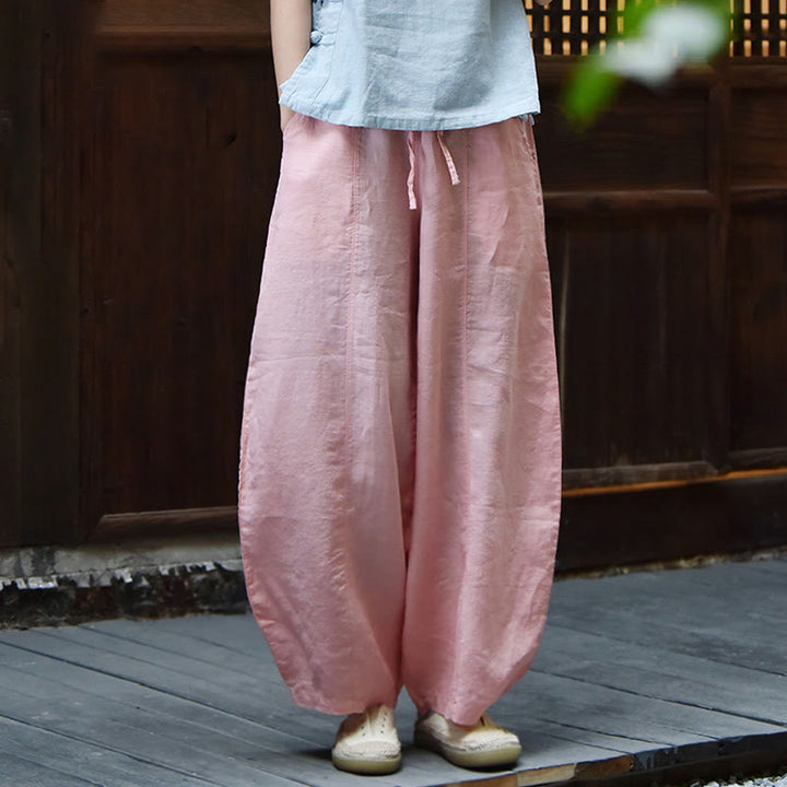 Pantalon décontracté en coton et lin pour femme avec poches et cordon de serrage Buddha Stones