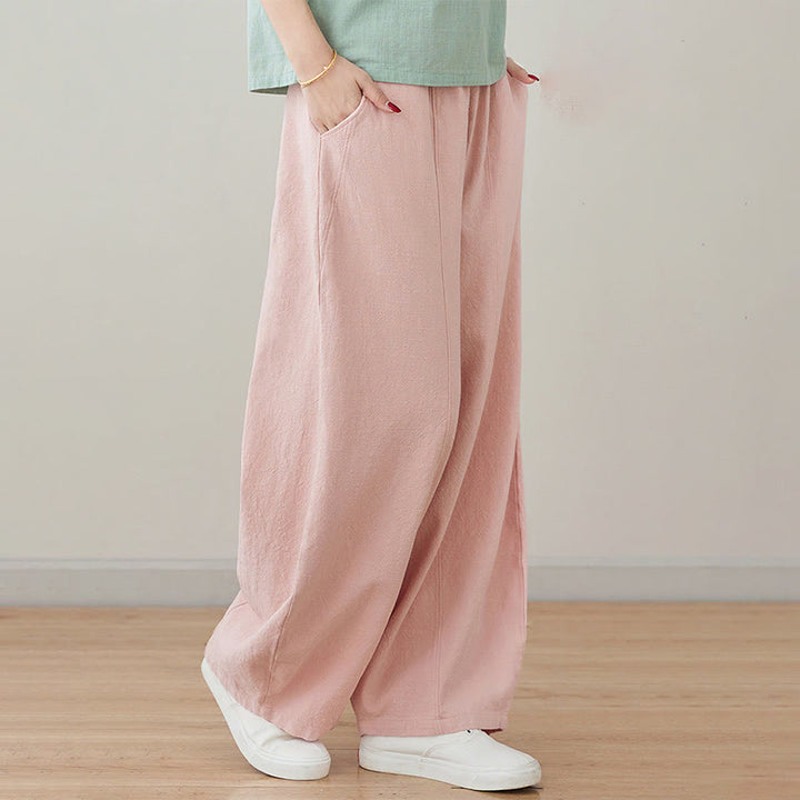 Pantalon décontracté en coton et lin pour femme avec poches et cordon de serrage Buddha Stones