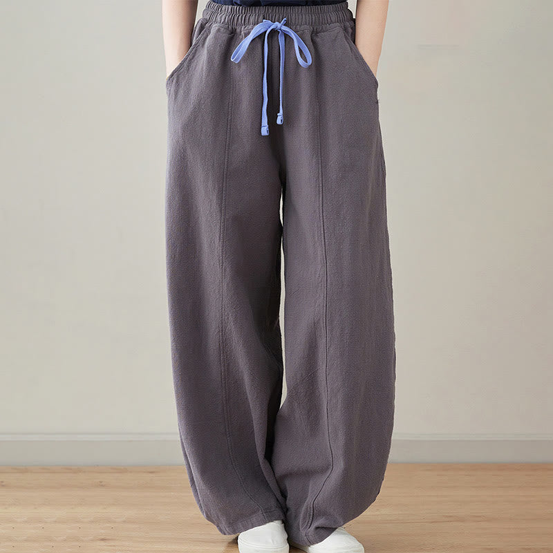 Pantalon décontracté en coton et lin pour femme avec poches et cordon de serrage Buddha Stones