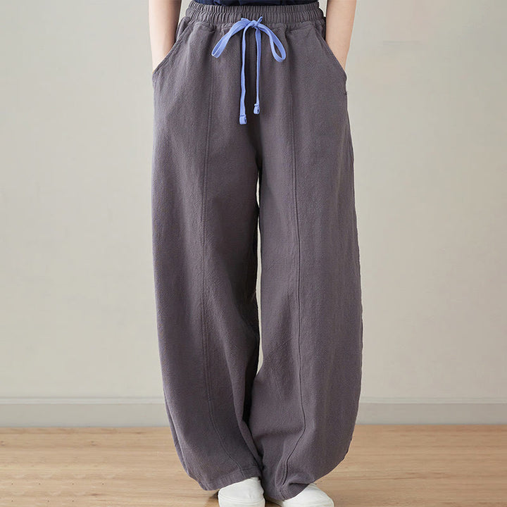 Pantalon décontracté en coton et lin pour femme avec poches et cordon de serrage Buddha Stones