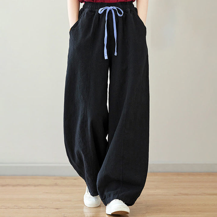 Pantalon décontracté en coton et lin pour femme avec poches et cordon de serrage Buddha Stones - Noir - US6，UK/AU10，EU38 (L) - image 0