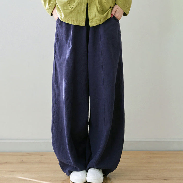 Pantalon décontracté en coton et lin pour femme avec poches et cordon de serrage Buddha Stones