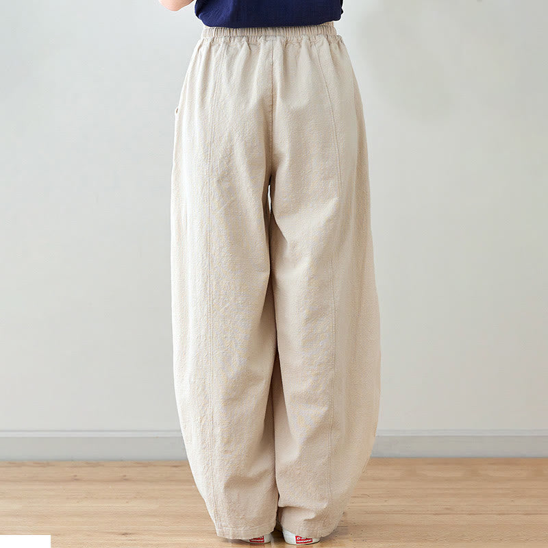 Pantalon décontracté en coton et lin pour femme avec poches et cordon de serrage Buddha Stones