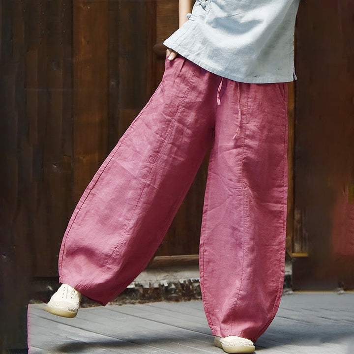Pantalon décontracté en coton et lin pour femme avec poches et cordon de serrage Buddha Stones