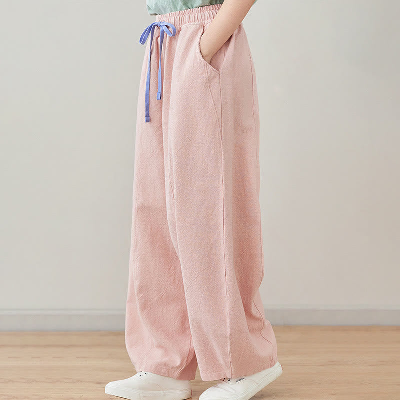 Pantalon décontracté en coton et lin pour femme avec poches et cordon de serrage Buddha Stones