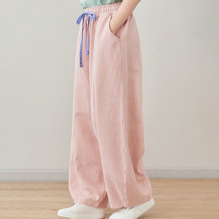 Pantalon décontracté en coton et lin pour femme avec poches et cordon de serrage Buddha Stones