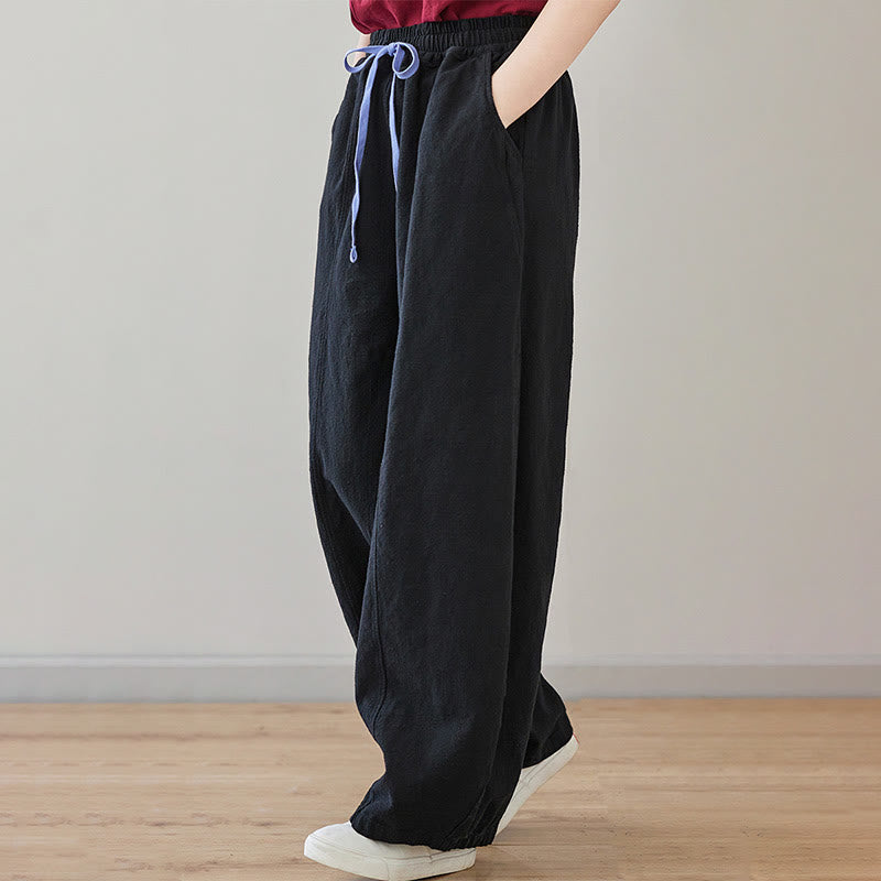 Pantalon décontracté en coton et lin pour femme avec poches et cordon de serrage Buddha Stones