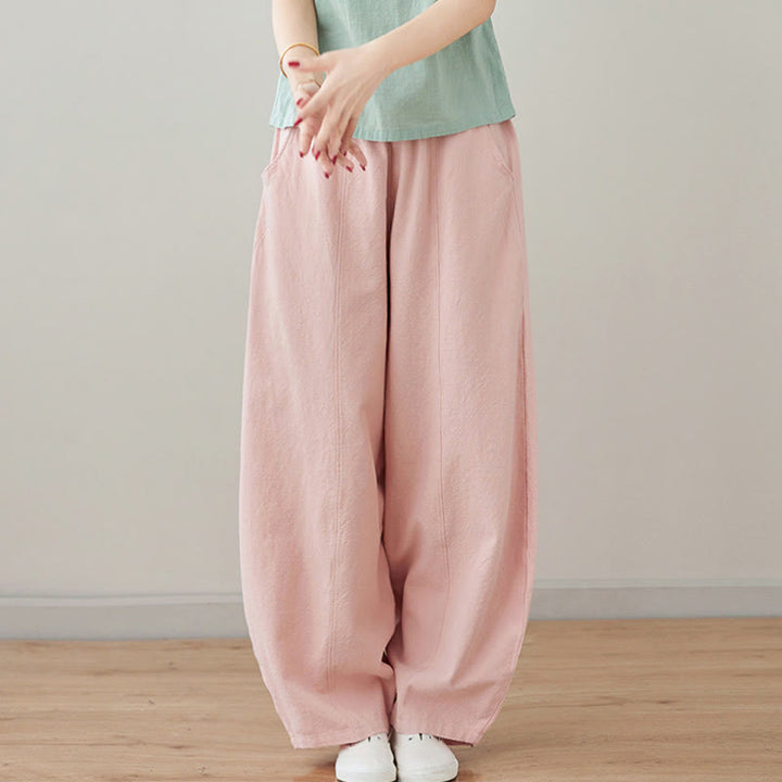 Pantalon décontracté en coton et lin pour femme avec poches et cordon de serrage Buddha Stones
