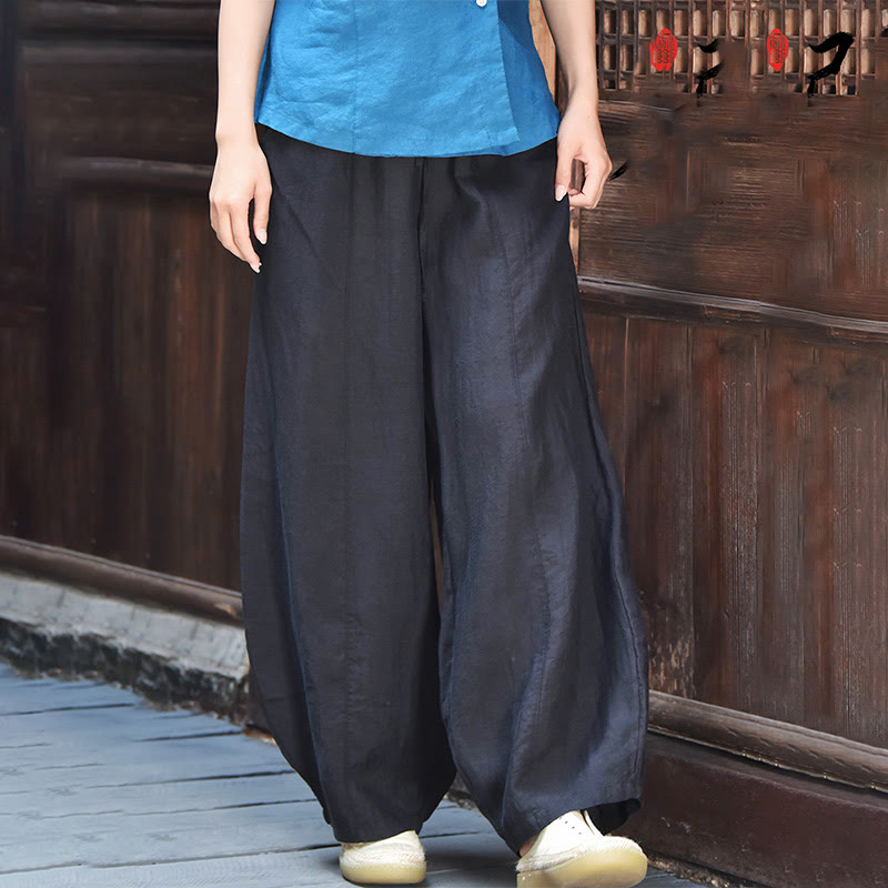Pantalon décontracté en coton et lin pour femme avec poches et cordon de serrage Buddha Stones
