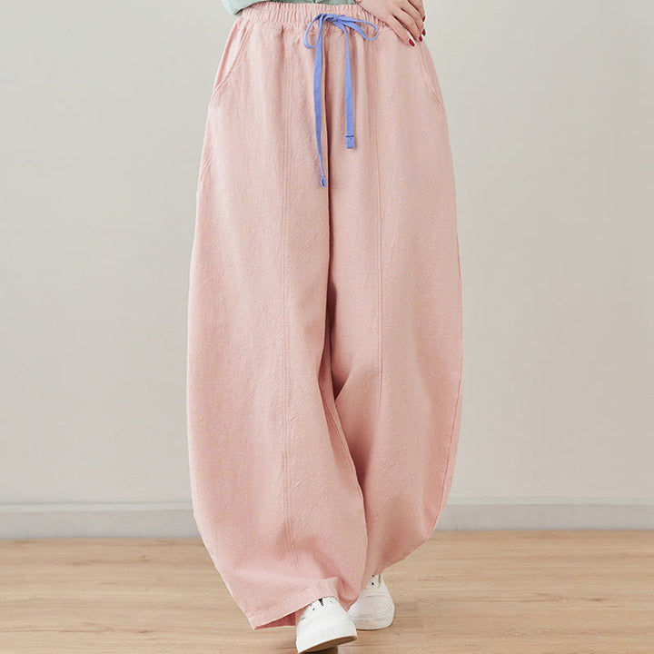 Pantalon décontracté en coton et lin pour femme avec poches et cordon de serrage Buddha Stones