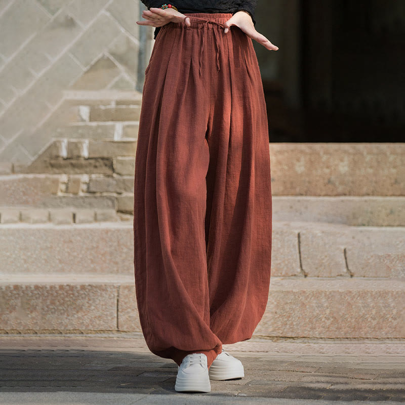 Pantalon décontracté en coton Buddha Stones pour femme avec poches et cordon de serrage à la taille et à la taille