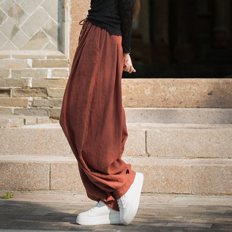 Pantalon décontracté en coton Buddha Stones pour femme avec poches et cordon de serrage à la taille et à la taille