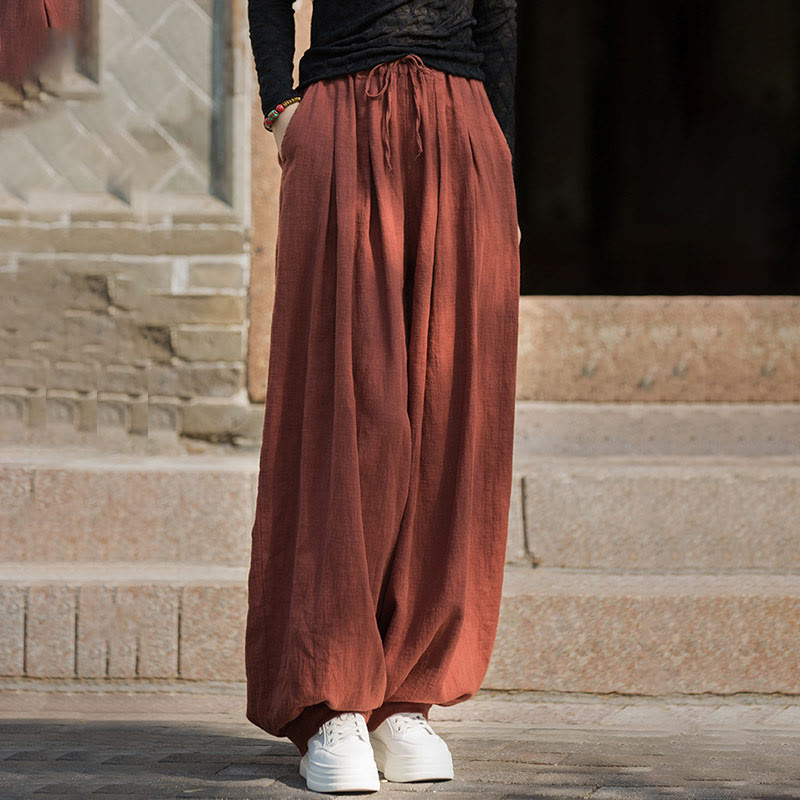 Pantalon décontracté en coton Buddha Stones pour femme avec poches et cordon de serrage à la taille et à la taille