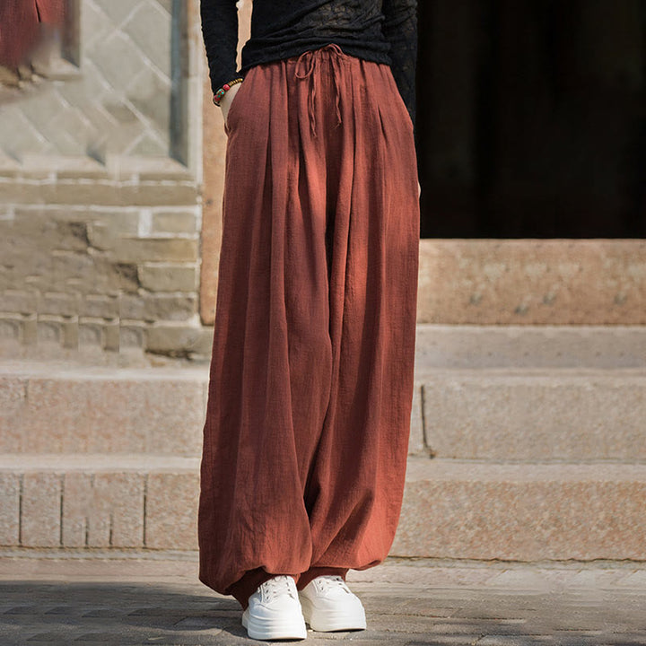 Pantalon décontracté en coton Buddha Stones pour femme avec poches et cordon de serrage à la taille et à la taille