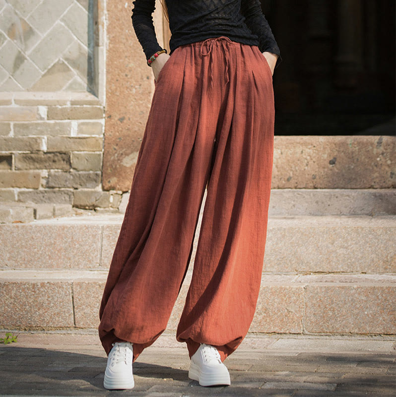 Pantalon décontracté en coton Buddha Stones pour femme avec poches et cordon de serrage à la taille et à la taille