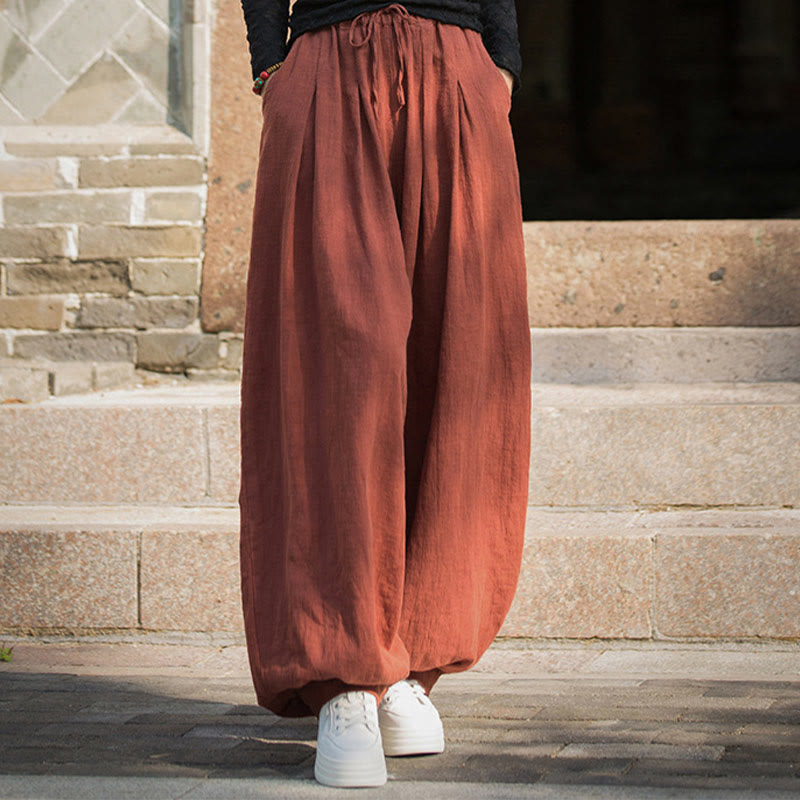 Pantalon décontracté en coton Buddha Stones pour femme avec poches et cordon de serrage à la taille et à la taille