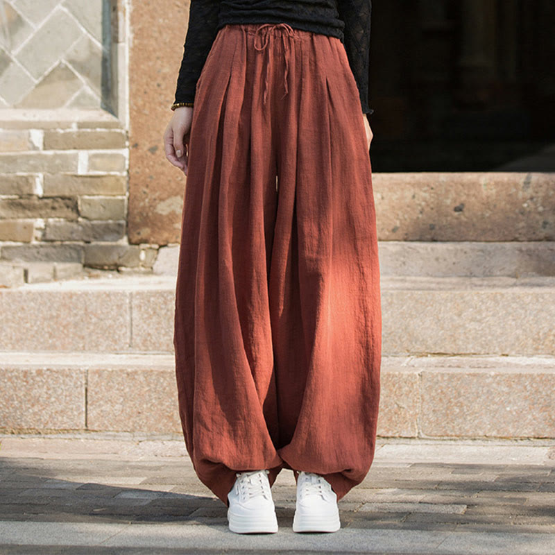 Pantalon décontracté en coton Buddha Stones pour femme avec poches et cordon de serrage à la taille et à la taille