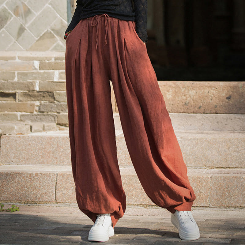 Pantalon décontracté en coton Buddha Stones pour femme avec poches et cordon de serrage à la taille et à la taille