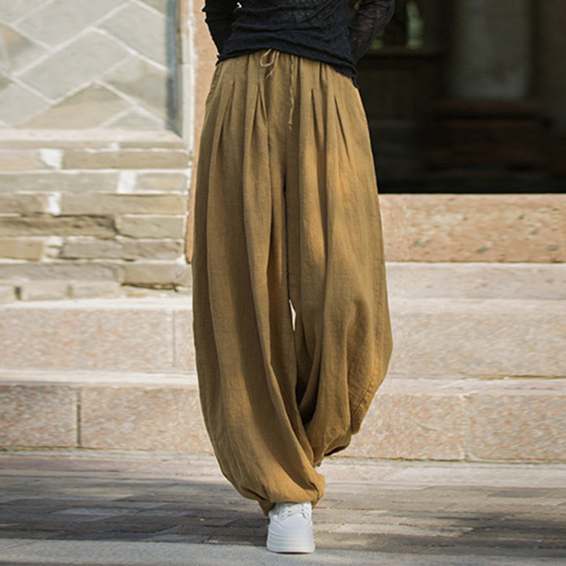 Pantalon décontracté en coton Buddha Stones pour femme avec poches et cordon de serrage à la taille et à la taille