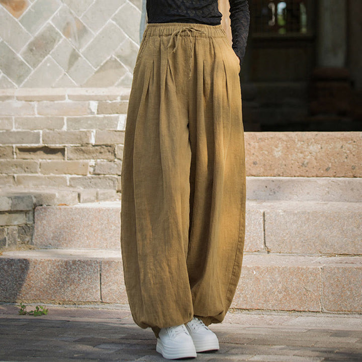 Pantalon décontracté en coton Buddha Stones pour femme avec poches et cordon de serrage à la taille et à la taille