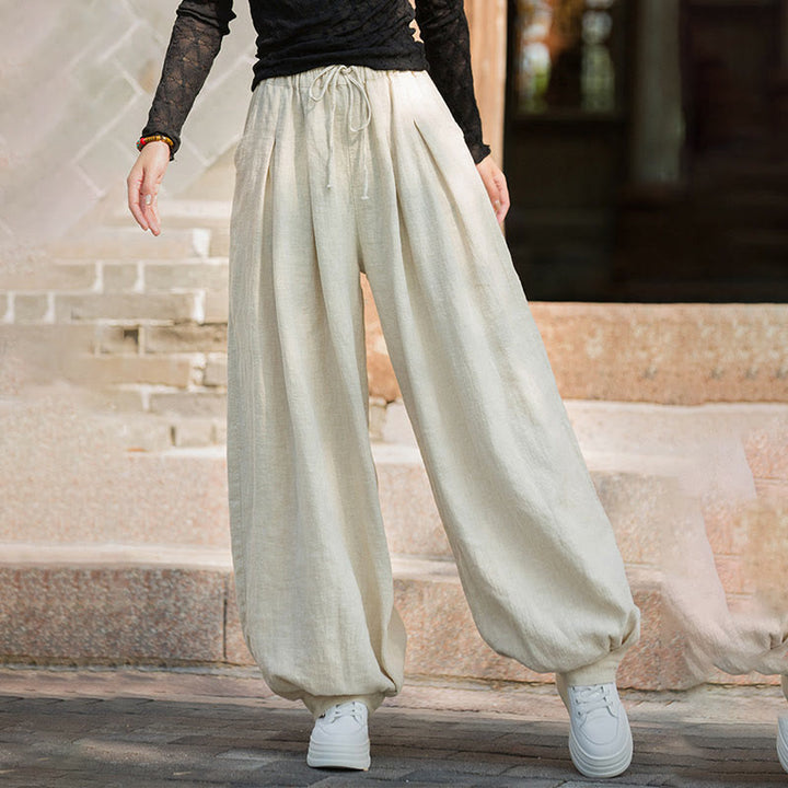 Pantalon décontracté en coton Buddha Stones pour femme avec poches et cordon de serrage à la taille et à la taille