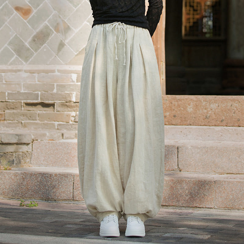 Pantalon décontracté en coton Buddha Stones pour femme avec poches et cordon de serrage à la taille et à la taille