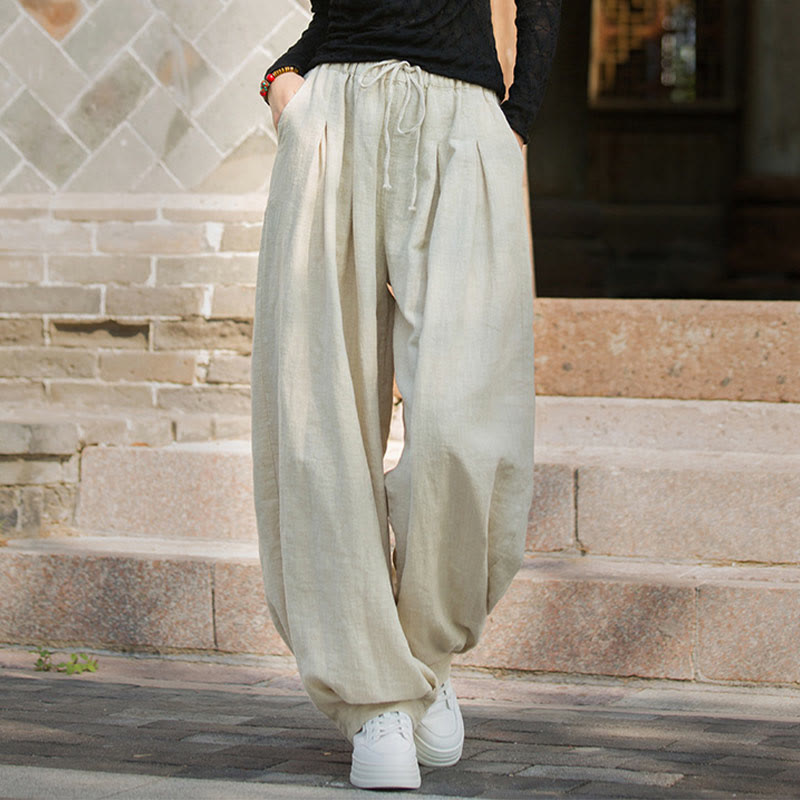 Pantalon décontracté en coton Buddha Stones pour femme avec poches et cordon de serrage à la taille et à la taille