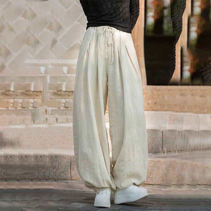 Pantalon décontracté en coton Buddha Stones pour femme avec poches et cordon de serrage à la taille et à la taille